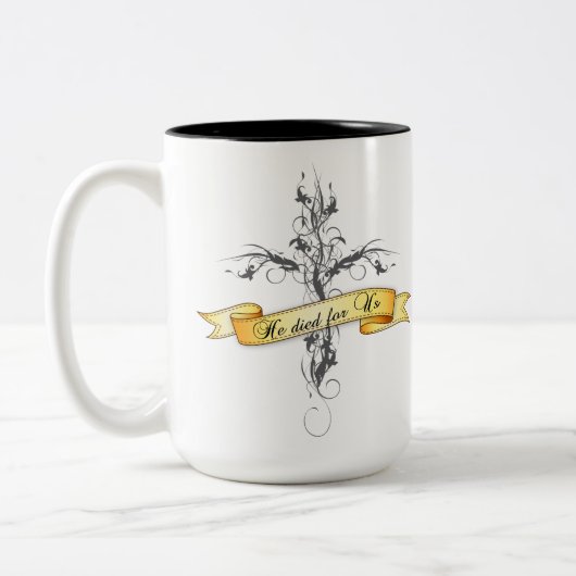 彼は我々のフローラ十字架で死んだ ツートーンマグカップ (左)