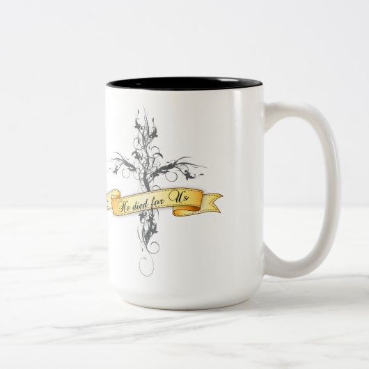 彼は我々のフローラ十字架で死んだ ツートーンマグカップ (右)