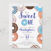 彼は甘いワンドーナツ青い男の子1歳の誕生日パーティー 招待状 (正面)