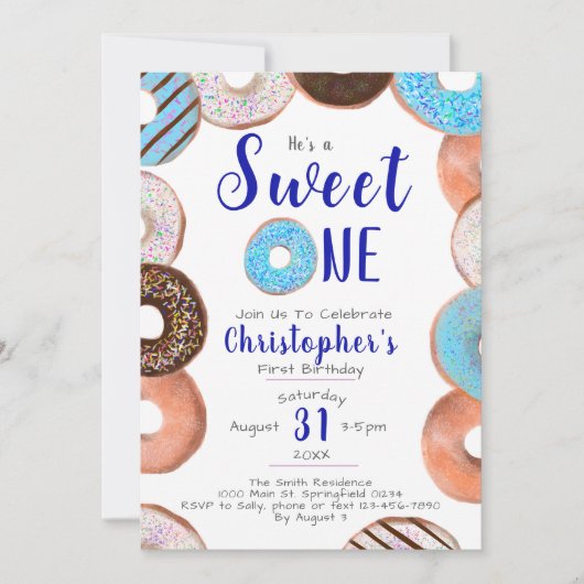 彼は甘いワンドーナツ青い男の子1歳の誕生日パーティー 招待状