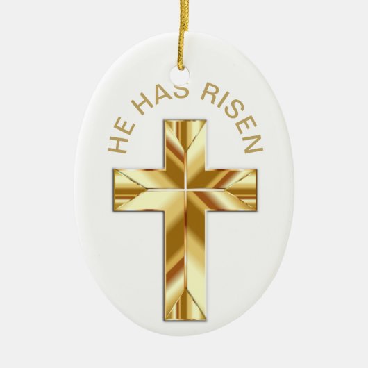 彼は白い宗教的なゴールデンクロスの復活祭を起こした セラミックオーナメント (正面)