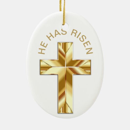 彼は白い宗教的なゴールデンクロスの復活祭を起こした セラミックオーナメント (裏面)