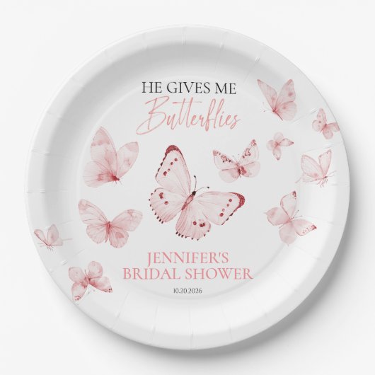 『彼は私にピンクの蝶々をくれる』 ウェディングシャワーのピンクのブッシュ ペーパープレート (正面)