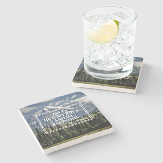 彼は私のロックのキリスト教の聖書の聖句の山の写真 ストーンコースター (横)