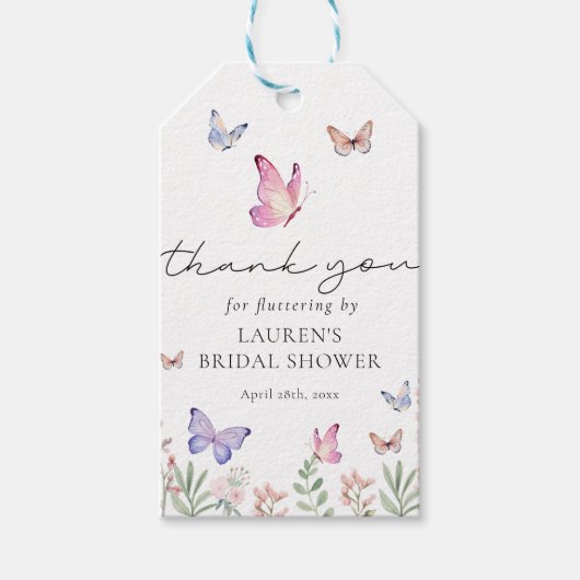彼は私の与え蝶のブライダルシャワーの好意 ギフトタグ (正面)