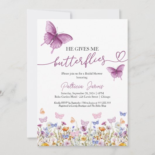 彼は私の与え蝶のワイルドフラワーのブライダルシャワー 招待状 (正面)