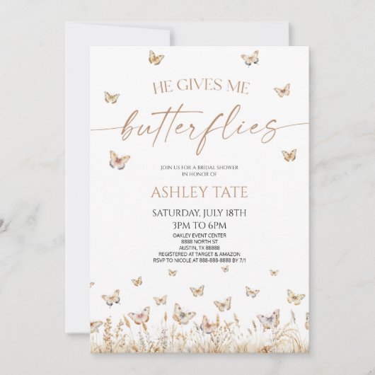 彼は私の与え蝶のワイルドフラワーのブライダルシャワー 招待状 (正面)