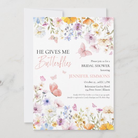 彼は私の与え蝶のワイルドフラワーのブライダルシャワー 招待状 (正面)