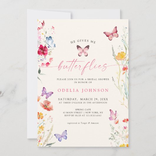 彼は私の与え蝶のワイルドフラワーのブライダルシャワー 招待状 (正面)