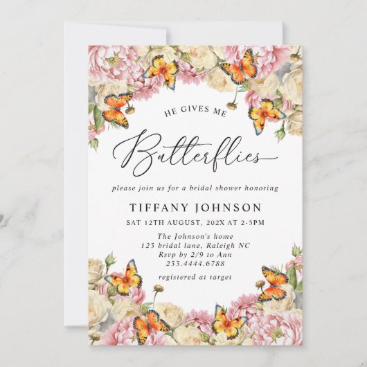 彼は私の与え蝶の牡丹のブライダルシャワー 招待状 (正面)