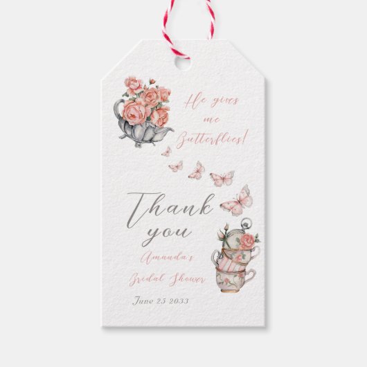彼は私の与え蝶の茶のフローラシャワーの好意 ギフトタグ (正面)