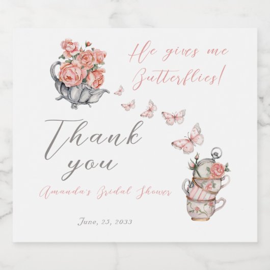 彼は私の与え蝶の茶のフローラシャワーの好意 スパークリングワインラベル (シングルラベル)