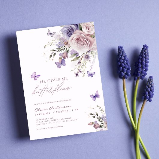 彼は私の与え蝶ほこりっぽい紫のブライダルシャワー 招待状