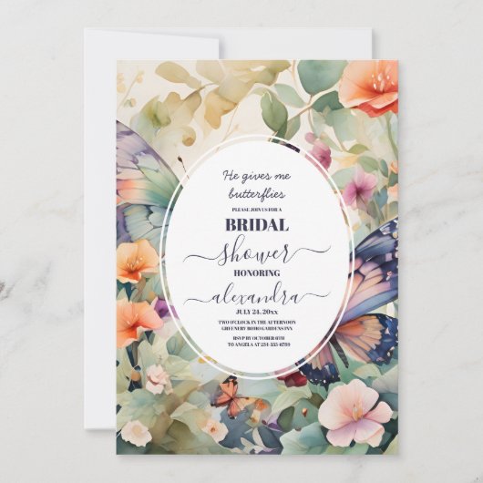彼は私の与え蝶ほこりっぽい紫のブライダルシャワー 招待状 (正面)