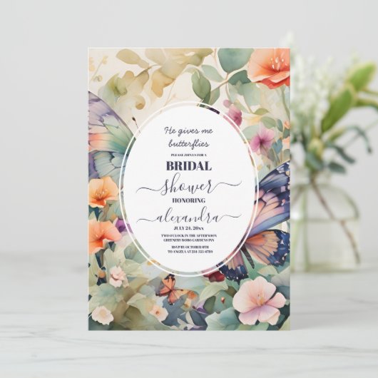 彼は私の与え蝶ほこりっぽい紫のブライダルシャワー 招待状 (スタンド正面)