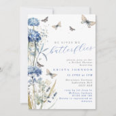 彼は私の与え蝶ほこりっぽい青いブライダルシャワー 招待状 (正面)