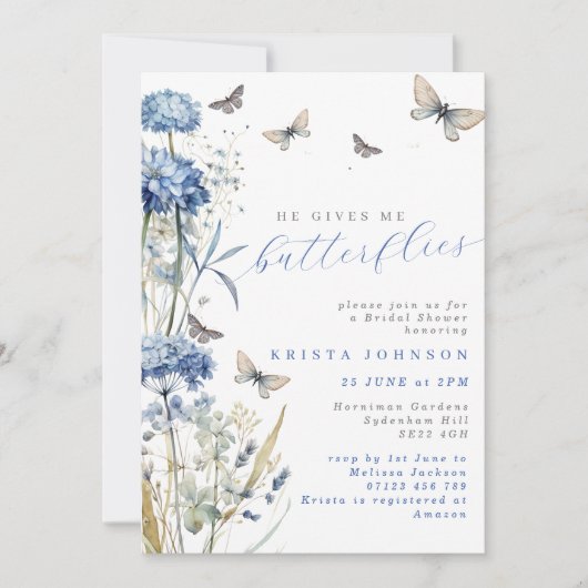 彼は私の与え蝶ほこりっぽい青いブライダルシャワー 招待状 (正面)