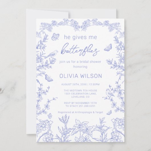 彼は私の与え蝶チョノイスリーブライダルシャワー 招待状 (正面)
