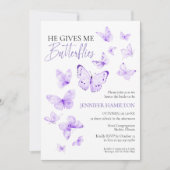 彼は私の与え蝶ラベンダーのブライダルシャワー 招待状 (正面)