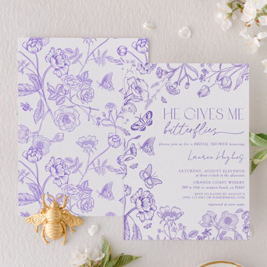 彼は私の与え蝶ラベンダーのヴィンテージシャワー 招待状