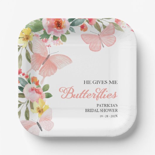彼は私与えの蝶のブライダルシャワーフローラ ペーパープレート (正面)