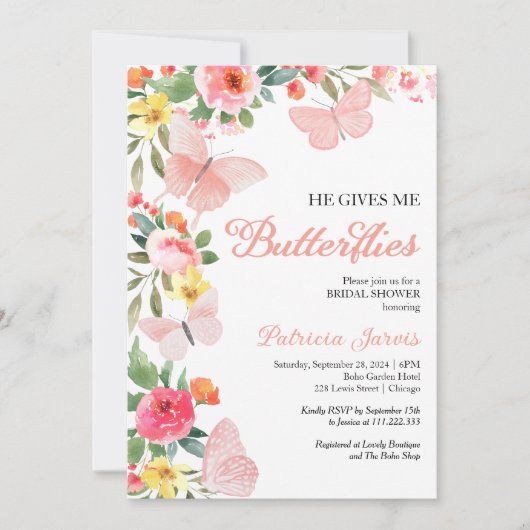 彼は私与えの蝶のブライダルシャワーフローラ 招待状 (正面)
