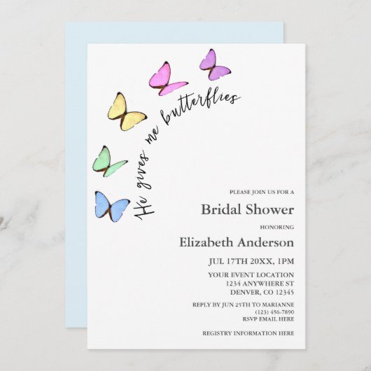 彼は私与えの蝶のブライダルシャワー 招待状 (正面/裏面)