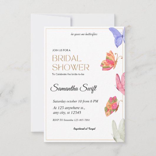 彼は私与えの蝶のブライダルシャワー 招待状 (正面)