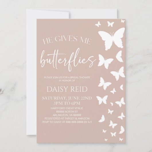 彼は私与えの蝶のブライダルシャワー 招待状 (正面)
