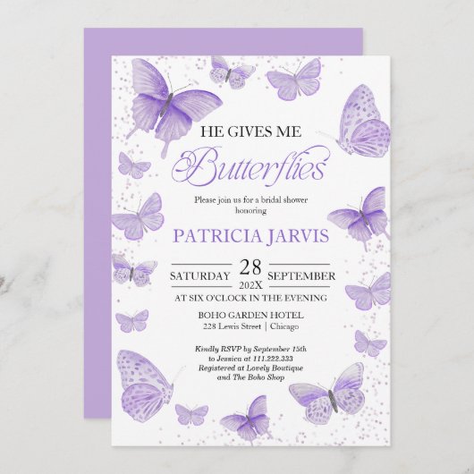 彼は私与えの蝶のブライダルシャワー 招待状 (正面/裏面)