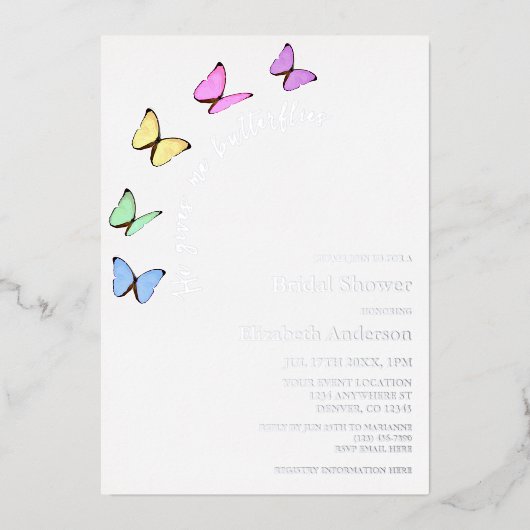 彼は私与えの蝶のブライダルシャワー 箔招待状 (正面)