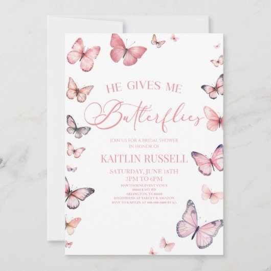 彼は私与えの蝶ソフトピンクのブライダルシャワー 招待状 (正面)