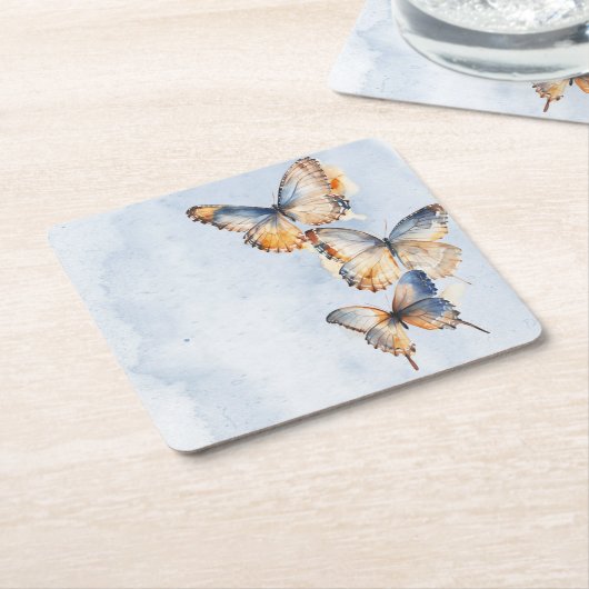 彼は私与えの蝶ブルーモダンブライダルシャワー スクエアペーパーコースター (アングル)