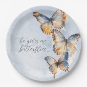 彼は私与えの蝶ブルーモダンブライダルシャワー ペーパープレート (正面)