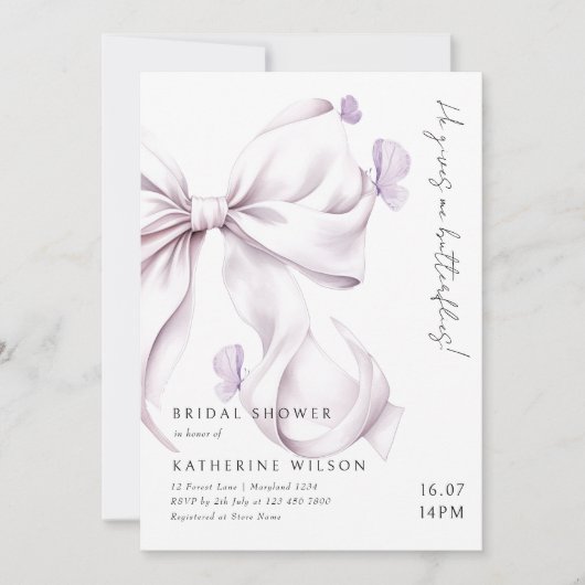 彼は私与え蝶パープルボウブライダルシャワー 招待状 (正面)