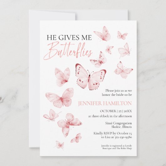 彼は私与え蝶ピンク赤面ブライダルシャワー 招待状 (正面)
