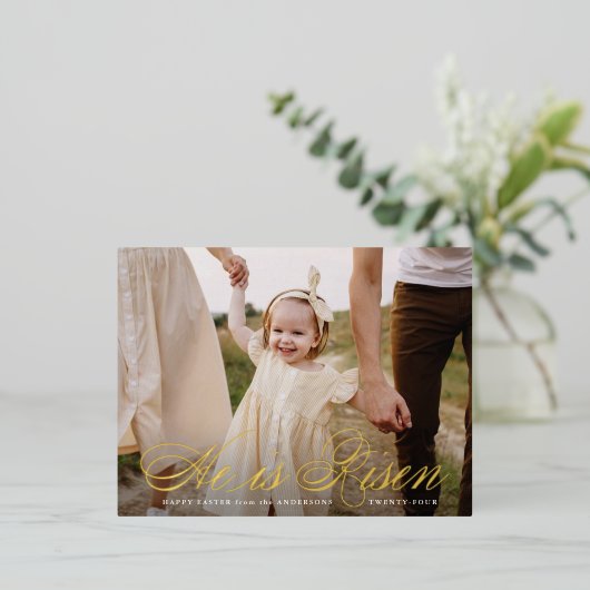 彼は立ち上がったゴールドフォイルのスクリプト写真イースターポストカード 箔シーズンポストカード (立ち正面)