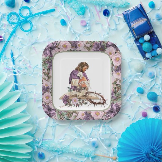 彼は聖書とフローラクロスを起こした紙プレート ペーパープレート (パーティー)