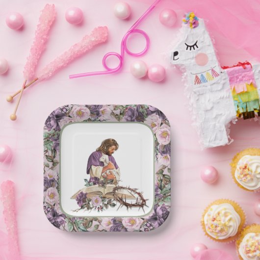 彼は聖書とフローラクロスを起こした紙プレート ペーパープレート (パーティー)