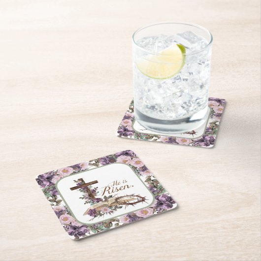 彼は聖書とフローラ十字架にかかる スクエアペーパーコースター (インサイチュ)