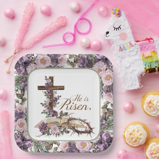 彼は聖書とフローラ十字架にかかる ペーパープレート (パーティー)