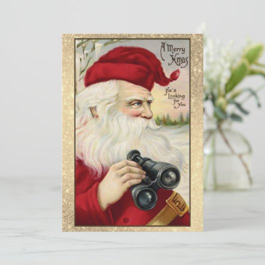 彼は見ている：不気味なサンタビンテージのクリスマスカード シーズンカード (スタンド正面)