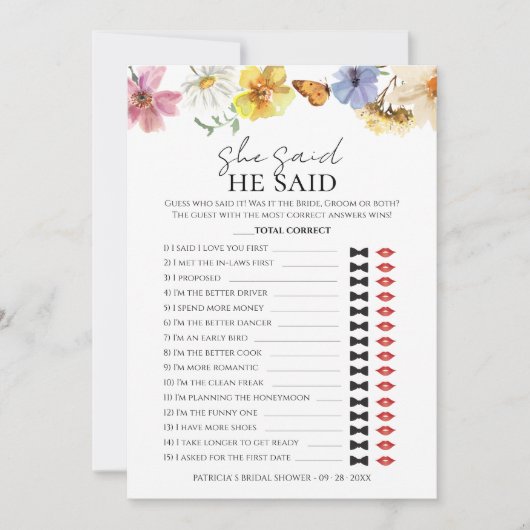 彼は言った | Bohoブライダルシャワーゲームカード 招待状 (正面)