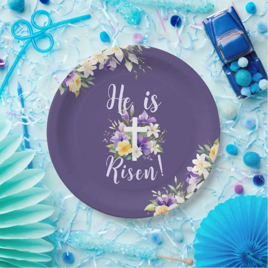 「彼は起き上がった!」 パープルフローラ宗教復活祭 ペーパープレート (パーティー)