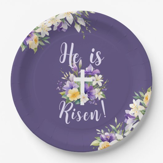 「彼は起き上がった!」 パープルフローラ宗教復活祭 ペーパープレート (正面)