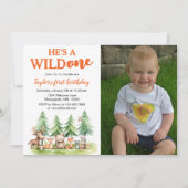 彼は野生のウッドランド・アニマルズ写真1st B-day 招待状 (正面)