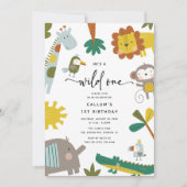 彼は野生のワンのおもしろいのジャングル動物の最初の誕生日だ 招待状 (正面)