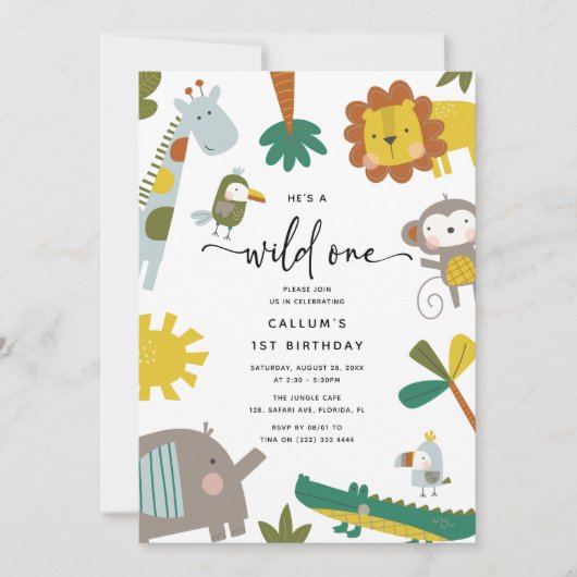 彼は野生のワンのおもしろいのジャングル動物の最初の誕生日だ 招待状 (正面)