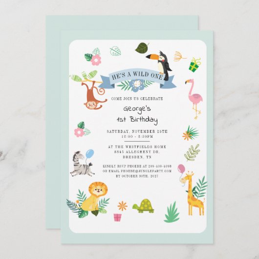 彼は野生のワンジャングル動物の1歳の誕生日だ 招待状 (正面/裏面)