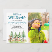 彼は野生の人だ – Woodland Animals Photo 1st B-day 招待状 (正面)